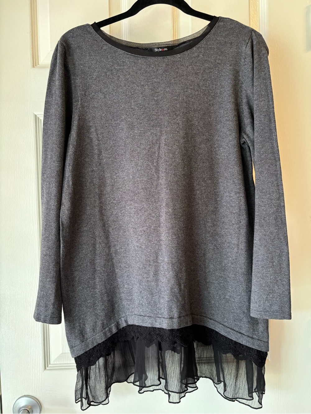 Style & Co. Gray Crewneck Tunic with Sheer Trim